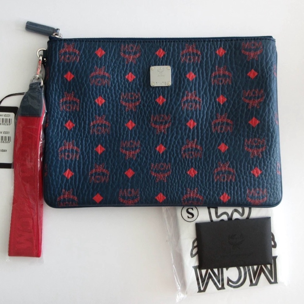 MCM Visetos Medium Wristlet Zip Pouch in Deep Blue Limited MXZ9AVI44VS001 NEW